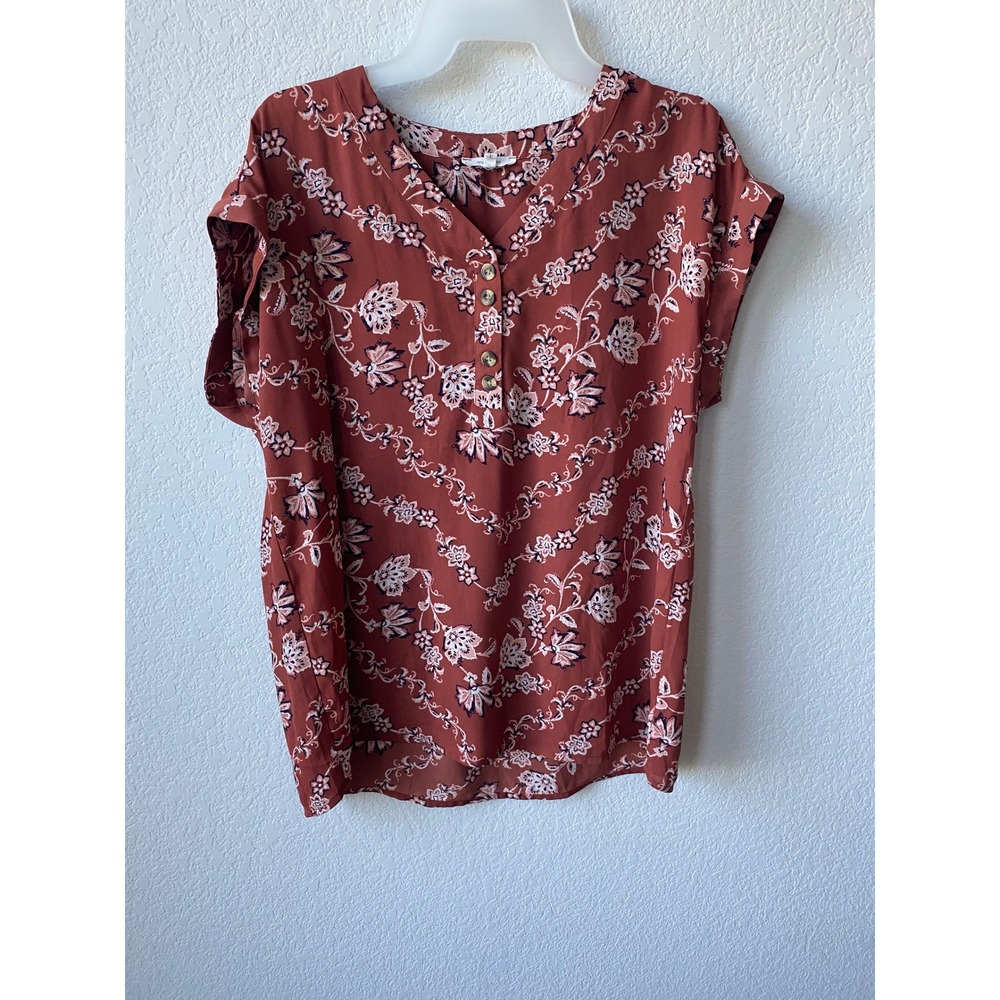 Maurices Women Floral Print COTTAGECORE Henley Blouse Size L Rust Brown